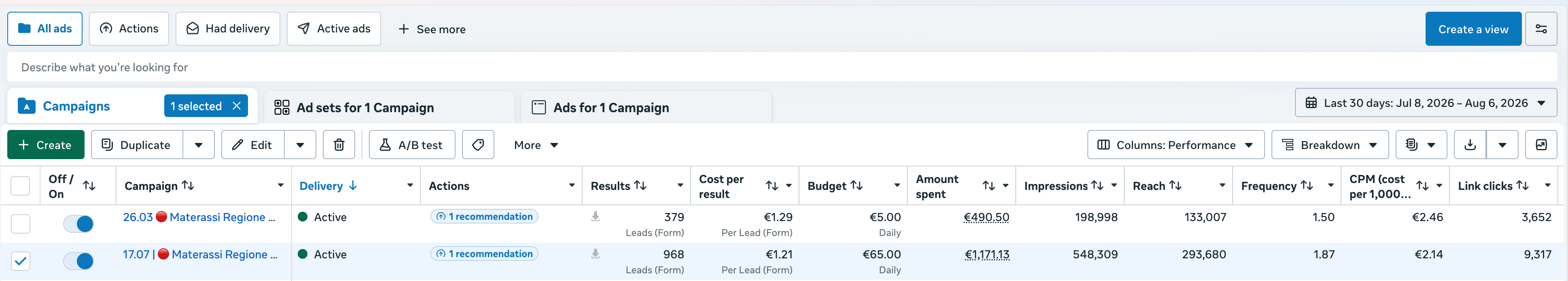 Screenshot delle campagne: Materassi: 15 vendite per 37.500 € riportati.