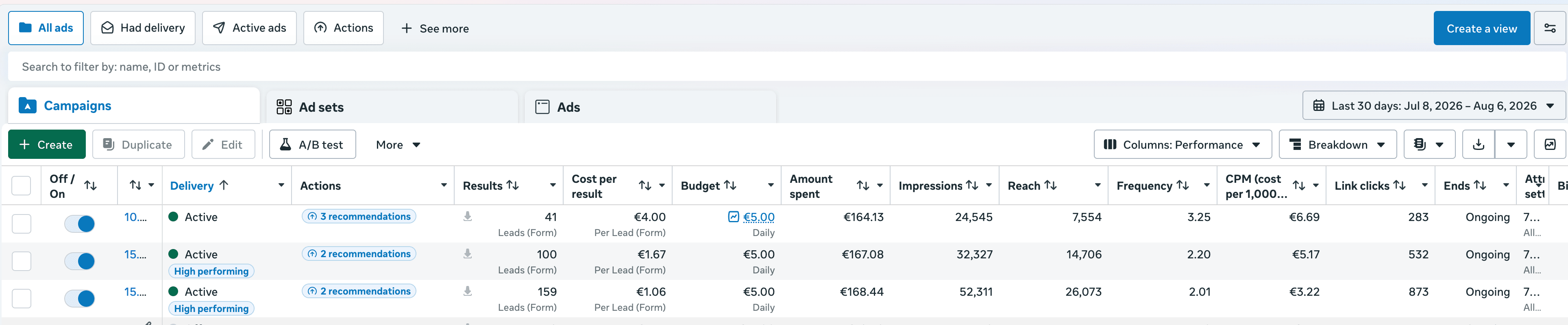Screenshot delle campagne: Servizi per la casa: 338 contatti a 2,04 € di media.